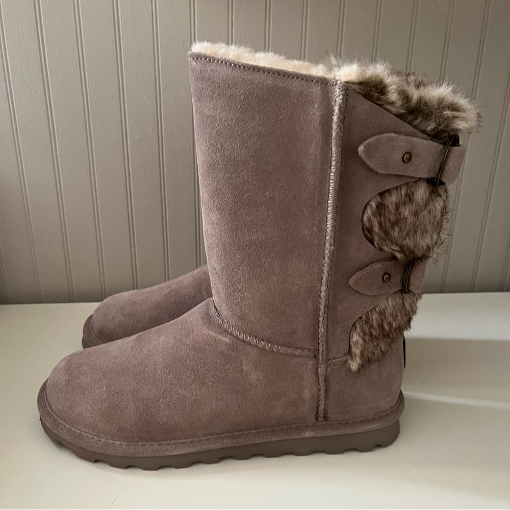 NWOB Bearpaw Eloise Stone Grey faux fur genuine suede mid calf boot size 9 - Picture 2 of 5
